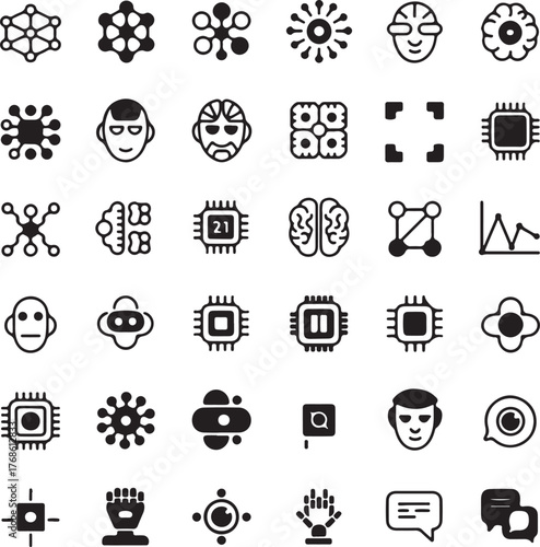 Artificial intelligence icons set. Vector illustration. Black and white.