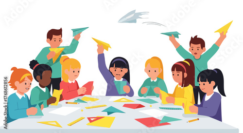 Children Having Fun Crafting Paper Airplanes Smiling And Enjoying Activities Together