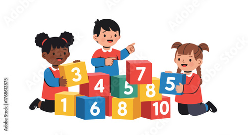 Children Learning Numbers At Playtime, Building Blocks And Bright Colors Illustrations