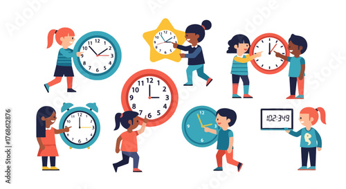 Children Interacting With Different Types of Timepieces Representing Various Time Concepts