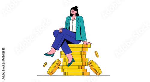 Businesswoman Atop Pile of Gold Coins, Wealth and Prosperity Visualized in This Dynamic Art