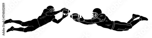 American football players catching a ball, a dynamic editable and scalable vector silhouette illustration