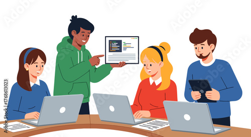 Collaborative Coding Session with Diverse Team Members Illustrating Technological Innovation