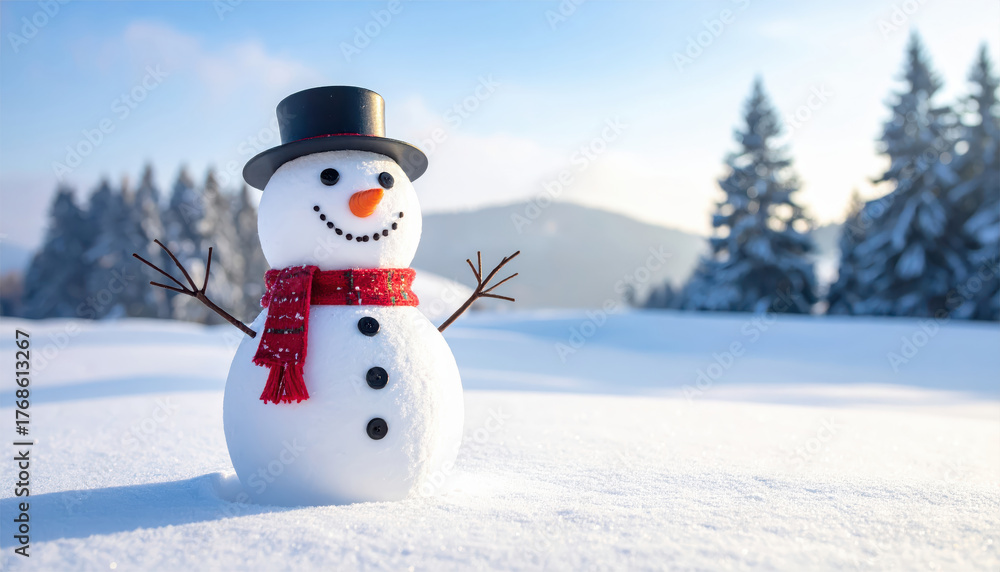 Fototapeta premium Merry christmas and happy new year greeting card with copy-space.Happy snowman standing in christmas landscape.Snow background.Winter fairytale