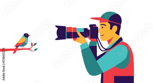 Colorful Ornithologist Capturing A Bright Perched Bird On Its Branch Against Black Background