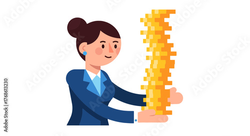 Businesswoman Proudly Balancing Wealth And Financials Success, Digital Graphic Illustration