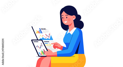 Businesswoman Reading Financial News, Analyzing Charts, Investing, Concept Illustration