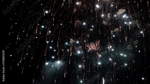 Bright colorful festive glowing fireworks on night sky.  New Year, Christmas, festival, party and holiday celebration concept