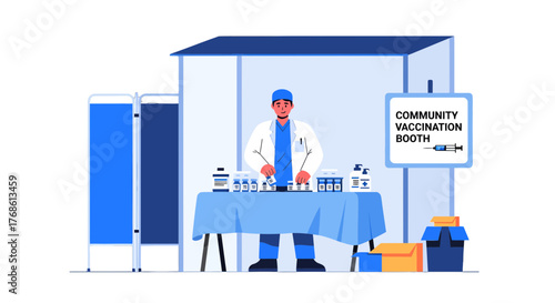 Community Vaccination Booth Illustration Depicting Healthcare Worker Administering Injections