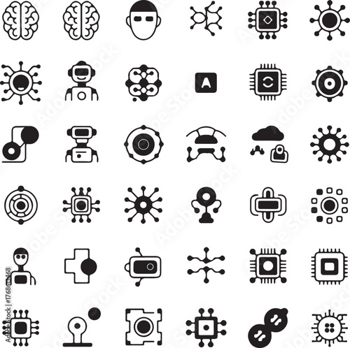 Set of vector black and white icons and pictograms of microprocessor, microprocessor, processor, brain, microprocessor, microcircuit.