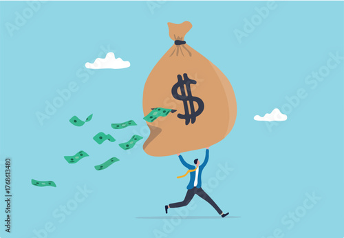 Lose money from investment mistake, tax or expense, mutual fund cost or financial problem, unknown cost drain out money concept, businessman carry big money bag with big hole banknotes falling out.