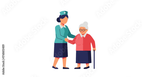 Compassionate Nurse Assisting An Elderly Lady With A Walking Aid And Care Needs
