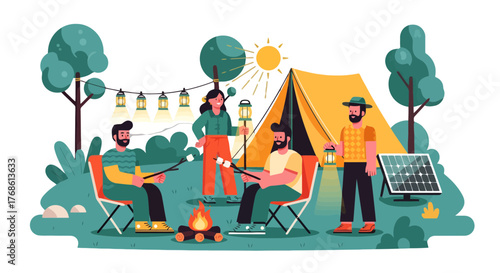 Camping Adventure Scene Depicting Friends Roasting Marshmallows Around A Campfire