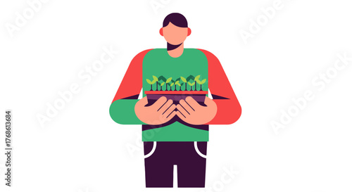 Caring Hands Holding Seedlings Symbolizing Growth and New Beginnings in a Simple Design