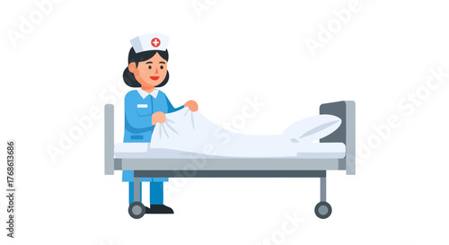 Caring Nurse Arranging Bed Covers Illustration Depicting Hospital Bed And Healthcare