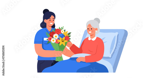 Caring Nurse Giving Flowers To An Elderly Patient In Hospital Bed with Joyful Expression
