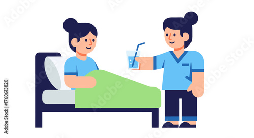 Caring Nurse Offers Water To The Patient In The Hospital Room For Recovery Purpose