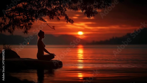 Wallpaper Mural Silhouette of a woman meditating in a yoga pose by a lake at sunset. Fiery red sky reflecting on the water. Mindfulness and wellness concept cinemagraph Torontodigital.ca
