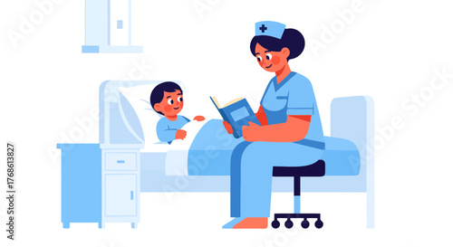 Caring Nurse Reading a Bedtime Story To a Young Patient in a Hospital Setting