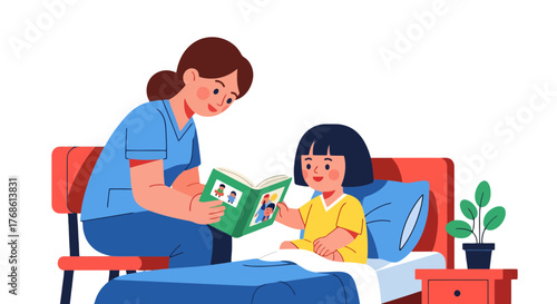 Caring Nurse Reading A Storybook To An Ill Youngster Patient In A Bedroom Setting