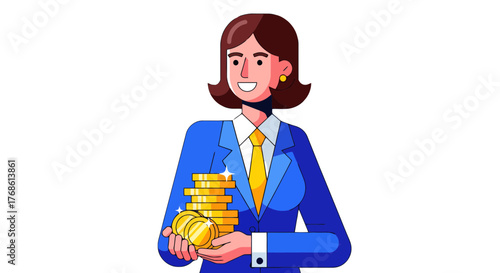Confident Businesswoman Holding a Pile of Gold Coins Showing Successful Financial Results
