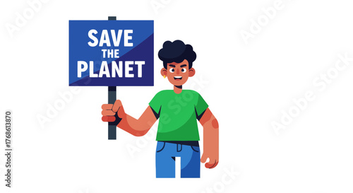 Cartoon Advocate Speaks Out For Earth's Protection, Holding A Save The Planet Sign