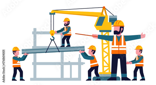 Construction Team Working Together to Build a Structure Using Modern Machinery