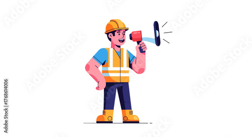 Construction Worker Announcing With Megaphone, Announcement, Communication Abstract Vector