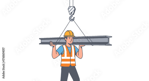 Construction Worker Balancing Beam: Illustrated Concept, Safety, And Heavy Lifting