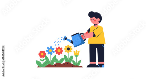 Cartoon Gardener Watering Flowers Blooming In The Garden With The Watering Can