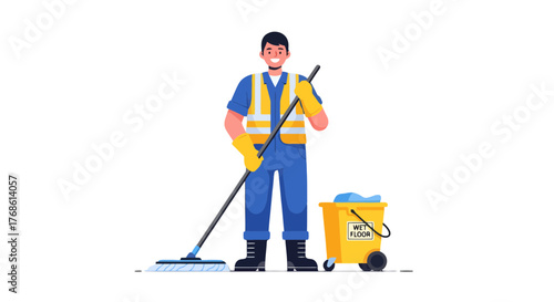 Cartoon Janitor Ready For Duty With Cleaning Equipment Against Black Backdrop