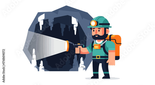 Cartoon Miner Exploring The Mysterious Cave With Flashlight, Illustration