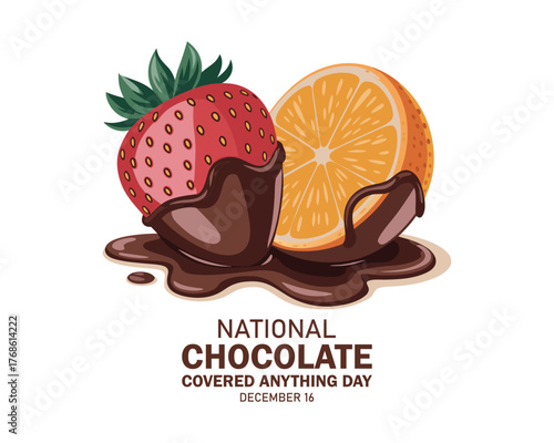 National Chocolate Covered Anything Day vector. Chocolate covered strawberry vector. Orange fruit with chocolate vector. Chocolate Covered Anything Day Poster, December 16.