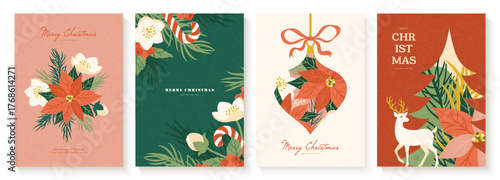 Set of elegant Christmas greeting card templates in a modern artistic style. Collection of vertical holiday designs with poinsettia bouquet, deer and floral ornaments for holiday invitations, vector