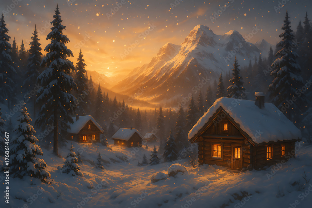 Fototapeta premium Cozy Wooden Cabins Glowing Warmly in Snowy Mountain Valley under Golden Winter Sunset