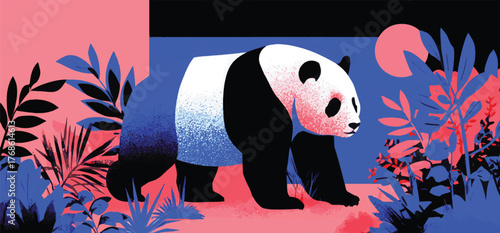 A serene panda gracefully sits amidst a vibrant jungle, surrounded by lush foliage and a warm sunset