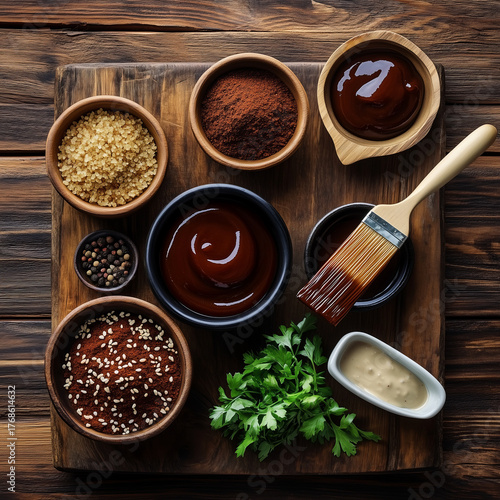 Modern Ceramic Bowls Displaying Rich BBQ Sauce Ingredients in Warm Natural Light