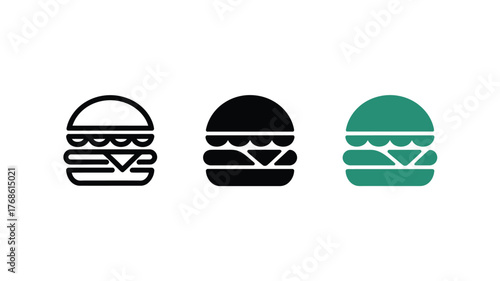 Three burger icons in different styles and colors on a white background.