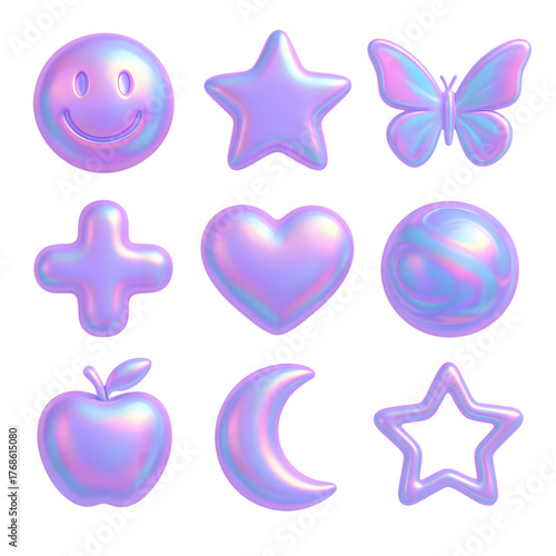 Iridescent holographic 3d icons collection featuring stars hearts butterflies and planets