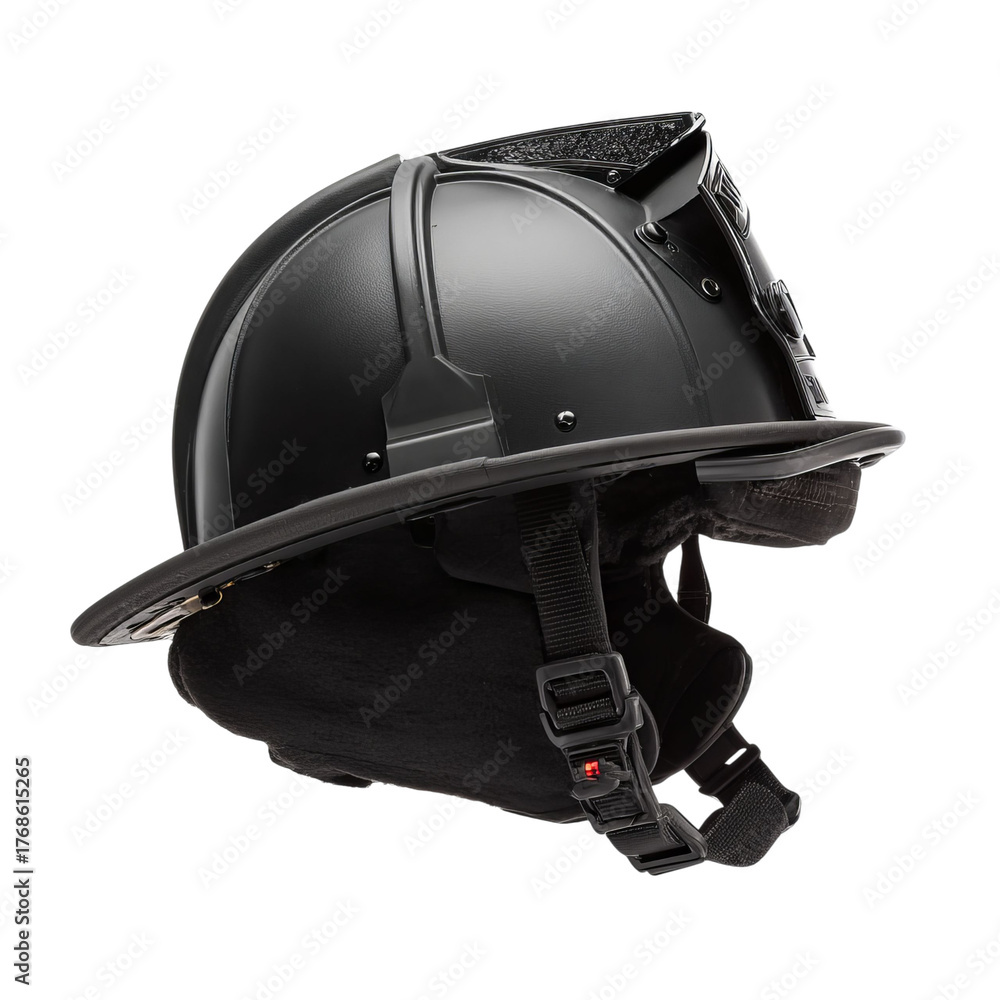 Fototapeta premium Png of closeup of a black firefighter helmet isolated on transparent background for protection during emergencies