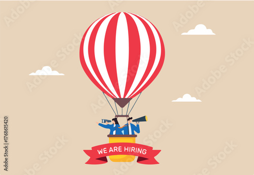 Business people in hot air balloons searching for new candidate employees, illustrating hiring and recruitment hr human resources. Concept of career searches, job vacancies, and work opportunities