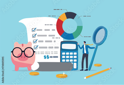 Budget planning or income management, spending and expense report or investment balance sheet, debt calculation and analysis, businessman with magnifier planning budget with calculator and chart