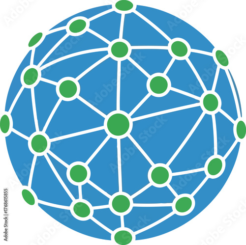 Blue globe with green dots and lines representing global network, connection, and communication