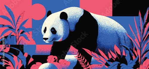 A curious panda gracefully strides through a vibrant jungle, surrounded by lush foliage and a warm sunset