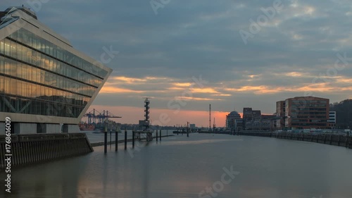 Hamburg, Germany: Evening scene at Fischereihafen in the harbor of Hamburg