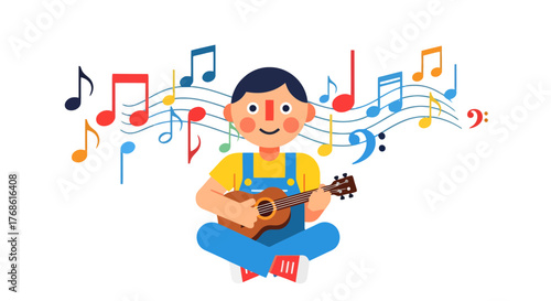 A Cheerful Musician Plays an Acoustic Ukulele Surrounded by Vibrant Musical Notes Illustration