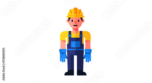 A Constructor Standing Front Facing With Yellow Helmet And Blue Overalls