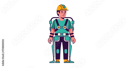 A Construction Worker Wearing Futuristic Exoskeleton for Increased Efficiency in Action