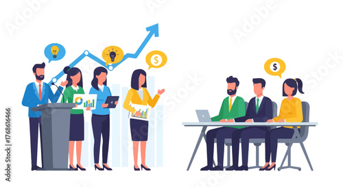 Business Team Presentation, Discussing Growth, Ideas, And Financial Success