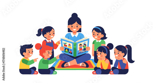 A Group Of Children Gathered Around A Teacher Reading A Book Together Smiling Happily